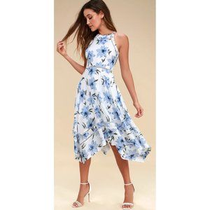 Zahara Blue and White Floral Print Midi Dress